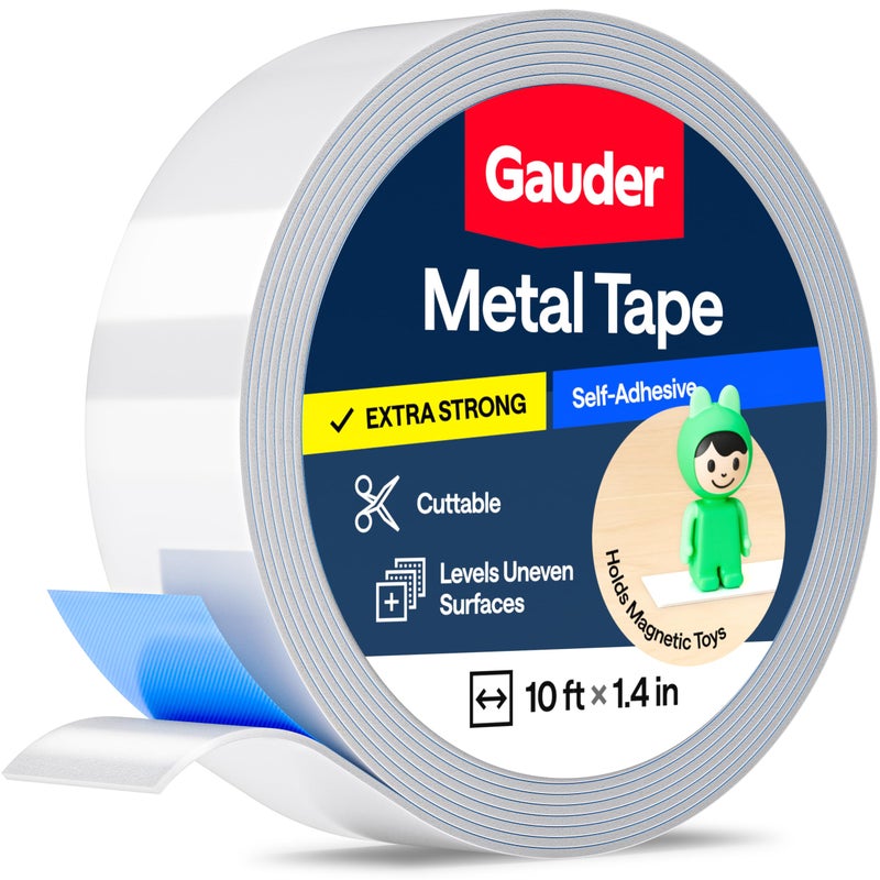 GAUDER Self-Adhesive Metal Tape - Ideal for Tonie Figures & Shelves - Holding Surface for Magnets - Ferrous Tape with Foam Adhesive - Thin Metal Steel Strip (10 ft x 1.4 in) - Image 1